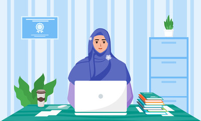 Smiling Female Muslim or Arab Work in IT Office Room with Stripe Wallpaper Background. Professional Woman in Hijab Typing in Front of Computer Laptop Character Flat Design Cartoon Illustration. 