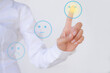 © wing-wing - Business woman with close up staff lady point choose a smiley symbol on white background. for include the article on service satisfaction.