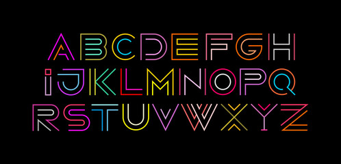 Sticker - Typeface design featuring the letters of the alphabet from A to Z. Neon colors isolated on a black background Decorative Line Art Font vector illustration.