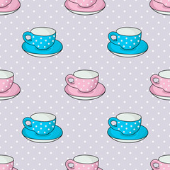 Wall Mural - Cute pink and blue tea cups vector repeat pattern