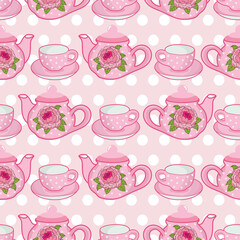 Wall Mural - Cute pink tea pot and cup vintage seamless pattern