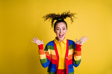 Canvas Print - Photo of astonished girl unbelievable sales scream blow hair wear rainbow shirt isolated shine color background