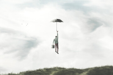 illustration of man flying in the sky with umbrella, surreal freedom concept