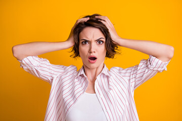 Poster - Photo of frustrated shocked girl hear horrible fail mistake novelty impressed touch her head hands wear good look outfit isolated over shine color background