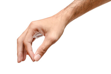 Male caucasian hand picking something  isolated on white background.