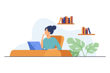 Sticker - Student girl studying at laptop. Computer, books on shelves, sitting at desk flat vector illustration. Studying, distance learning concept for banner, website design or landing web page