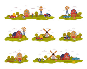 Poster - Farm Scenes Collection, Farm Buildings, Farmers, Agricultural Transport and Livestock, Summer Rural Landscape, Agriculture and Farming Concept Cartoon Style Vector Illustration