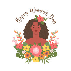 Wall Mural - Happy Women's day greeting card. Vector illustration of a portrait of a young African American  woman with long brown hair in exotic flowers in  trendy flat style. Isolated on white