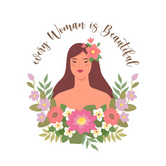 Wall Mural - Every woman is beautiful. Vector illustration of a portrait of a young asian woman with long brown hair in flowers in a trendy flat style. Isolated on white