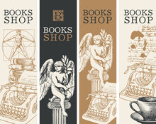 Set Of Four Banners For Books Shop In Retro Style. Vector Illustrations With Hand-drawn Typewriter, Angel, Books, Cup And Inscription. Suitable For Flyer, Label, Bookmark, Advertising, Poster