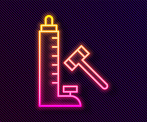 Sticker - Glowing neon line High striker attraction with big hammer icon isolated on black background. Attraction for measuring strength. Amusement park. Vector.