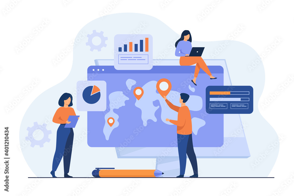 Group of professionals analyzing international map with pointers and charts. Team doing global business research. Vector illustration for marketing, analysis, worldwide extension concepts - obrazy, fototapety, plakaty 