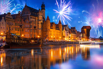 Wall Mural - Fireworks display over the old town in Gdansk, Poland