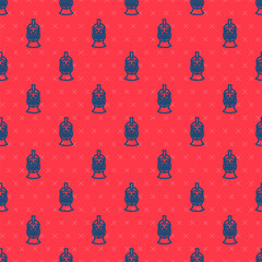 Blue line Medieval iron helmet for head protection icon isolated seamless pattern on red background. Vector.