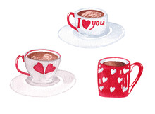 Set Of Romantic Valentine's Day Illustrations With Mugs And Hearts. Hand Painted Watercolor Coffee And Tea Cups. 