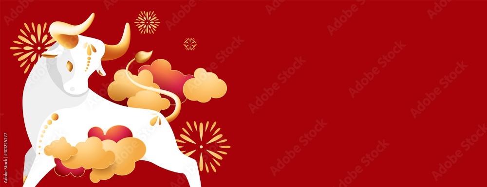 Chinese New 2021 Year of Calf. Metal bull with golden horns and hooves. Sign of coming year - big white Ox. Zodiac symbol of oriental new year with copy space. Vector stock illustration. Web template. - obrazy, fototapety, plakaty 