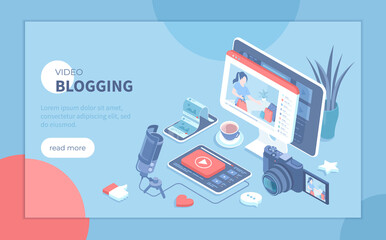Wall Mural - Video blogging. Making video content for blog or vlog in social networks. Video streaming in social media. Isometric vector illustration for poster, presentation, banner, website.