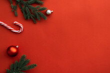 Close Up View Of Fir Tree Branch, Christmas Mood Background 