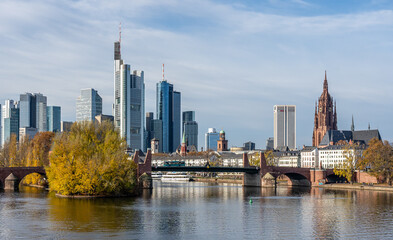 Frankfurt, Germany, November 2020: view on Frankfurt am Main, Germany Financial District and skyline, picture taken on bridge at main river