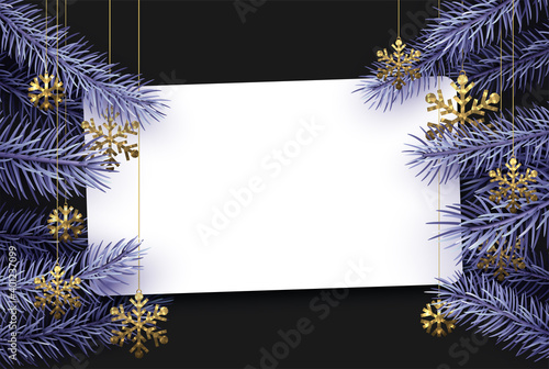 Fotografie, Obraz Violet spruce branches with golden snowflakes.