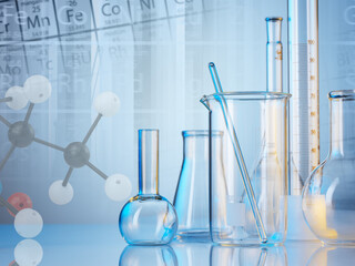 Wall Mural - microscope with lab glassware, science laboratory research and development concept