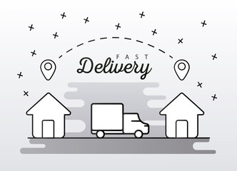 Wall Mural - truck and pins locations in houses delivery service icons