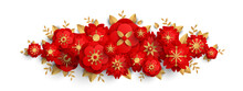 Chinese Border With Red Paper Cut Flowers And Gold Leaves Isolated On White Background. Vector Illustration. Floral Design For Posters, Brochures Or Vouchers For New Year.