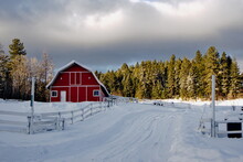A Red Barn Surrounded By Trees In A Snow-covered Winter Landscape.