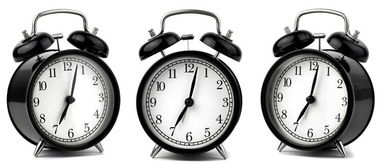 vintage alarm clock set at 7 o'clock in the morning in three angles on a white background