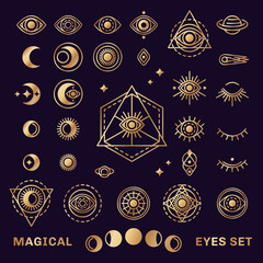 Sacred Geometry Forms with Moon and Sun. Vector illustration. Geometric Logo Design, Alchemy Symbol, Occult and Mystic Sign. Shiny Gold on Black Background. Masonic Eye inside triangle pyramid,