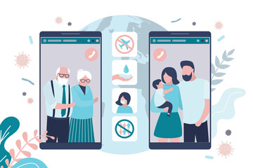 Wall Mural - People communicate by online video call. Family with little kid talking with grandparents on smartphone screens.