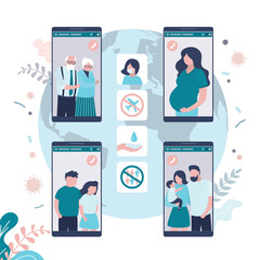 Wall Mural - People communicate by online video call. Big family talking on smartphone screens. New remote conference technology. Social distancing