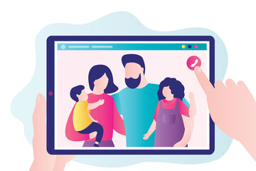 Wall Mural - Cartoon family on tablet screen. Hand holds device with parents and children in screen. Video call and online conference