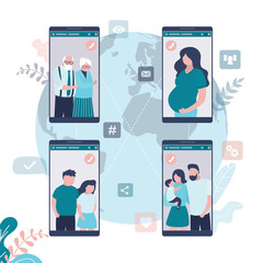 Wall Mural - Different people communicate by video call. Pregnant woman on mobile phone screen. Family with little kid on smartphone screen