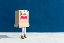 Unrecognizable Playful Kid Wearing Funny Costume Of Monster Made Of Carton Box Standing On Street During Holiday Celebration