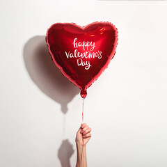 Wall Mural - female hand holds an air balloon in the form of a heart with the inscription Happy Valentine's Day on a white background