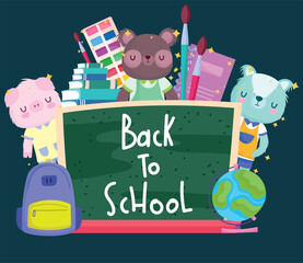 Wall Mural - Back to school animals cartoons with board and icons vector design