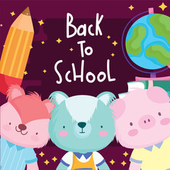 Wall Mural - Back to school animals cartoons pencil and world vector design