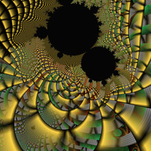Golden Green Black Shapes, 3d Illustration, Abstract Fractal Background With Circles