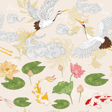 Asian Pattern With Gold Carps, Flying Cranes And Clouds. Pattern In Japan Style With Lotus Flowers