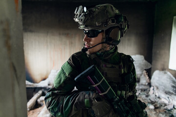 Military men with arms defending the building. Soldier stand guard securing territory looking around.