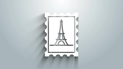 Poster - White Postal stamp and Eiffel tower icon isolated on grey background. 4K Video motion graphic animation