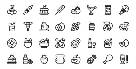 set of 32 summer food and drink thin outline icons such as milkshake, pineapple, sandwich, pancake, ice cream, salad, shrimp, grape, sausage