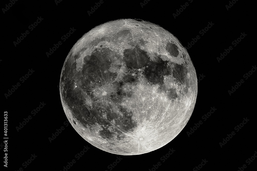 Detailed shot of the full Moon at shot at 1600mm focal length, high contrast - obrazy, fototapety, plakaty 