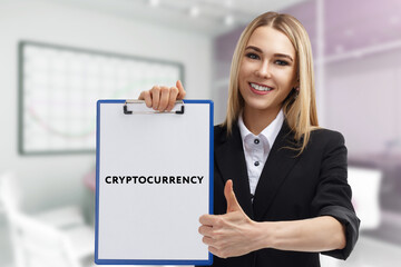 Business, technology, internet and network concept. Young businessman thinks over the steps for successful growth: Cryptocurrency