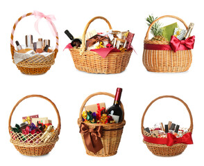 Canvas Print - Set with wicker baskets full of different gifts on white background