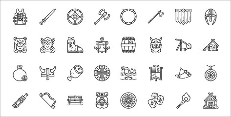 set of 32 viking thin outline icons such as house, rune, armor, dagger, horn, meat, house, barrel, valkyrie