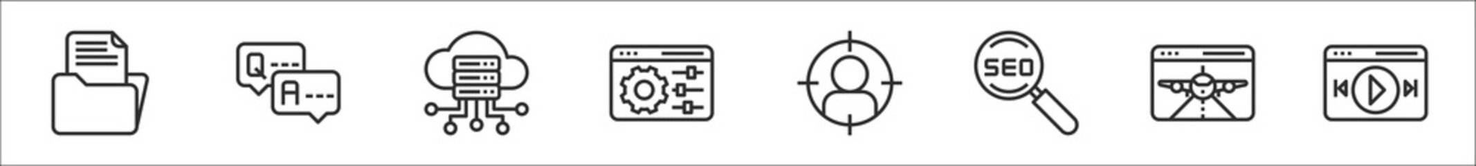 set of 8 internet marketing strategy thin outline icons such as archive, question, server, web management, target, search engine optimization, landing page, video player