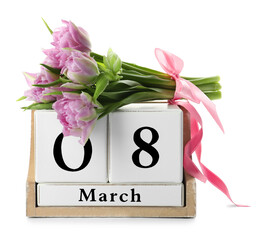  Wooden block calendar with date 8th of March and tulips on white background. International Women's Day