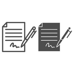 Forged signature line and solid icon, Black bookkeeping concept, Fake contract sign on white background, Contract with signature and pen icon in outline style for mobile and web. Vector graphics.